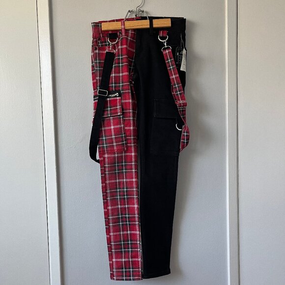 Hot Topic Denim Stinger Mens Size 28x30 Red Plaid Black Suspender Split Y2K Jean - Picture 5 of 7